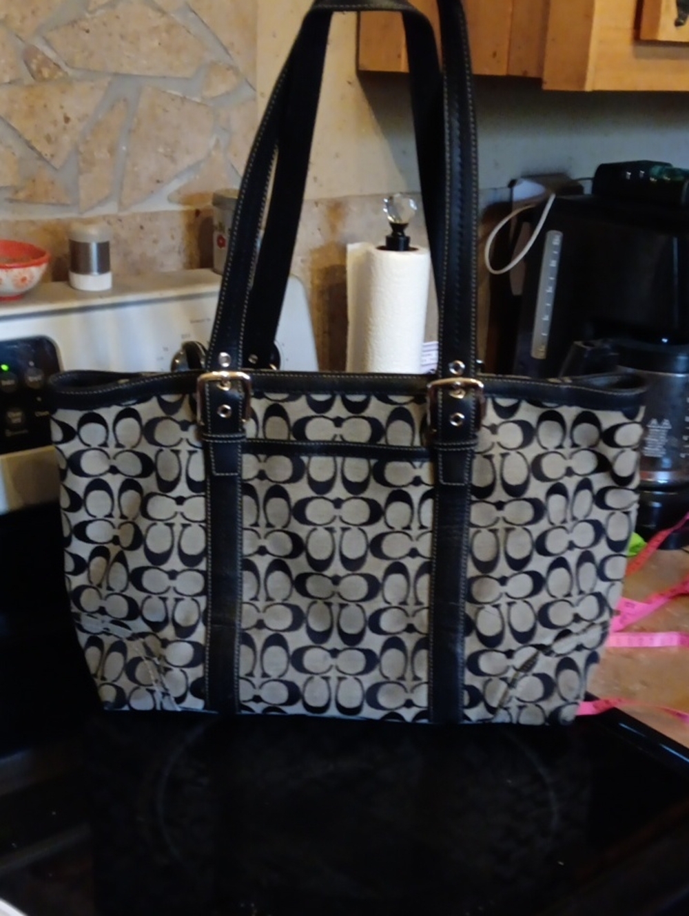 Coach Black and Cream Signature Tote with Leather Trim